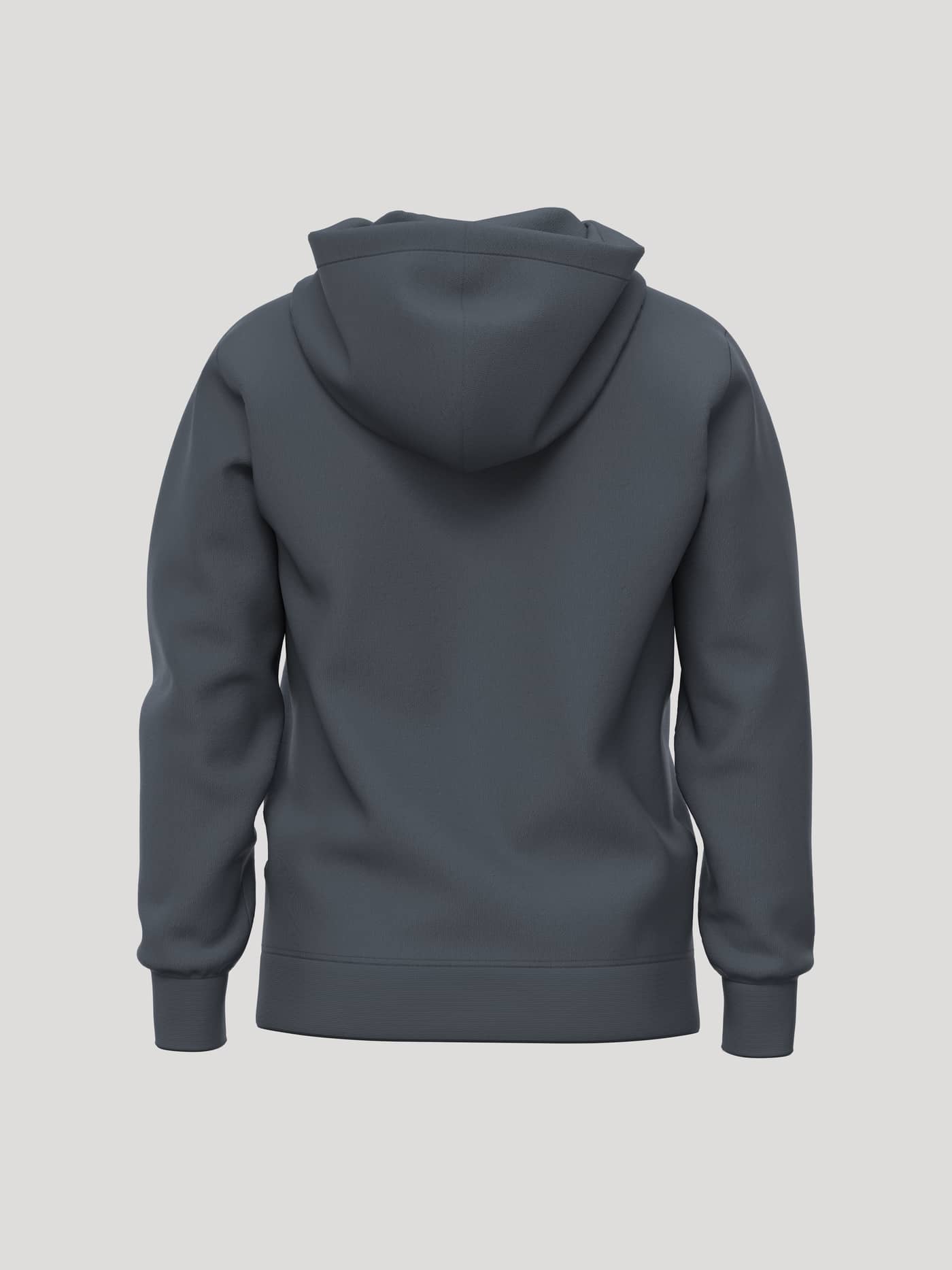 Back view of the Borg Essential 1 Hoodie in Turbulance (grey) featuring a double-layer hood and ribbed hem. - Image 3