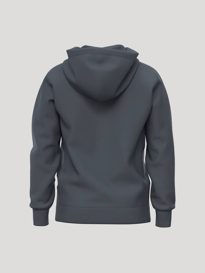 Back view of the Borg Essential 1 Hoodie in Turbulance (grey) featuring a double-layer hood and ribbed hem.