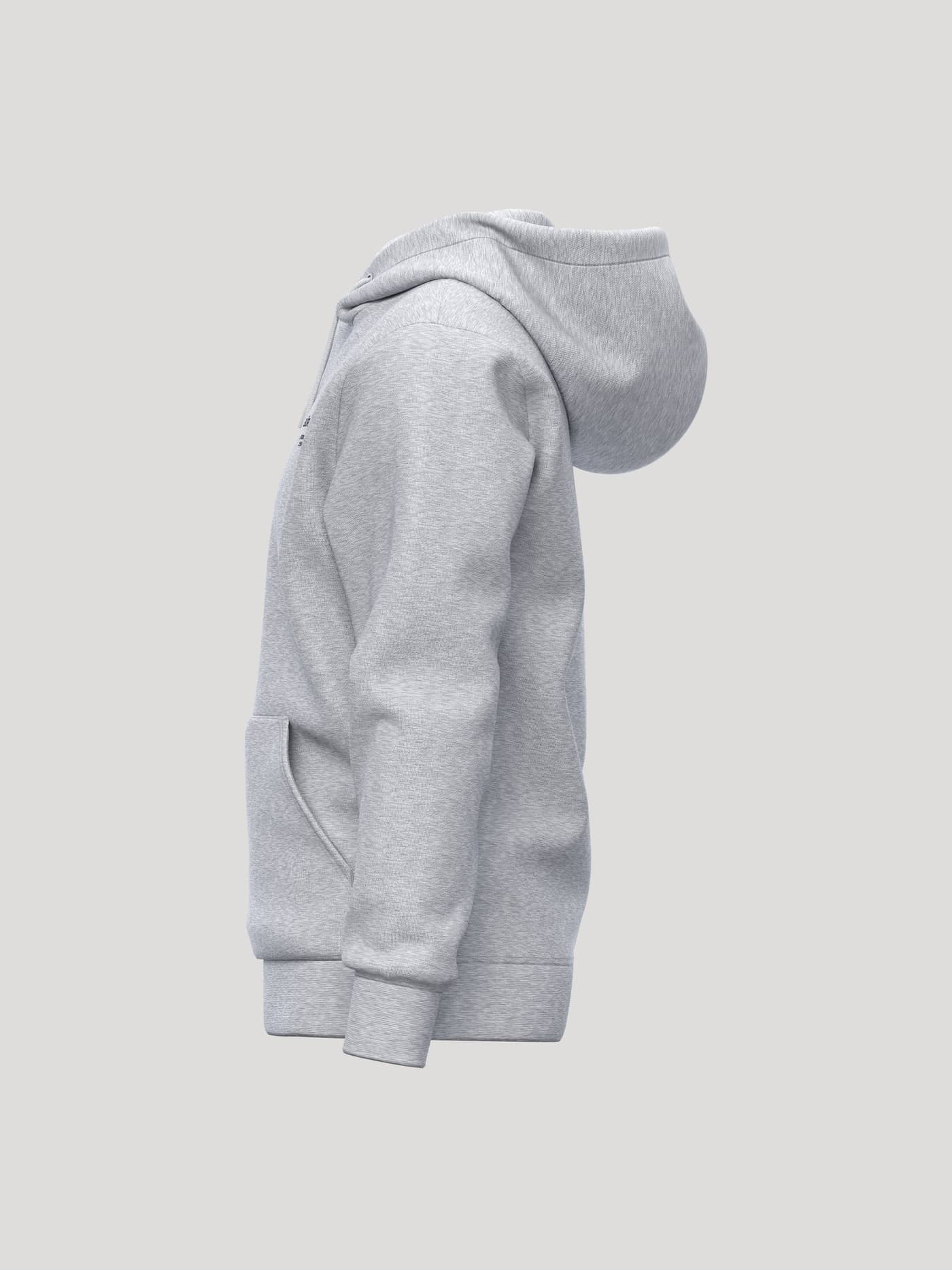 Side view of the Borg Essential 1 Hoodie in Light Grey Melange (Grey) featuring a black logo and soft brushed fleece. - Image 3