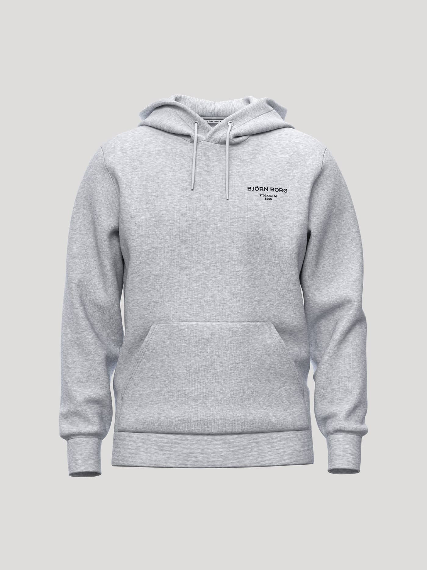 Vista frontal de la Borg Essential 1 Hoodie en Light Grey Melange (Gris) con logo negro y bolsillo canguro. - Image 1