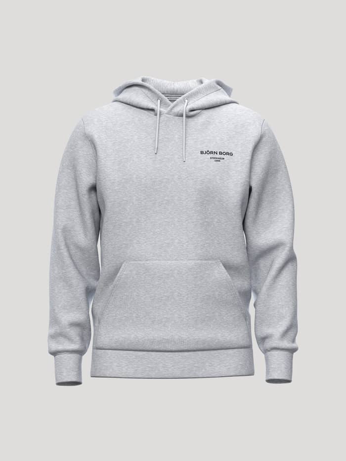 Front view of the Borg Essential 1 Hoodie in Light Grey Melange (Grey) featuring a black logo and kangaroo pocket.