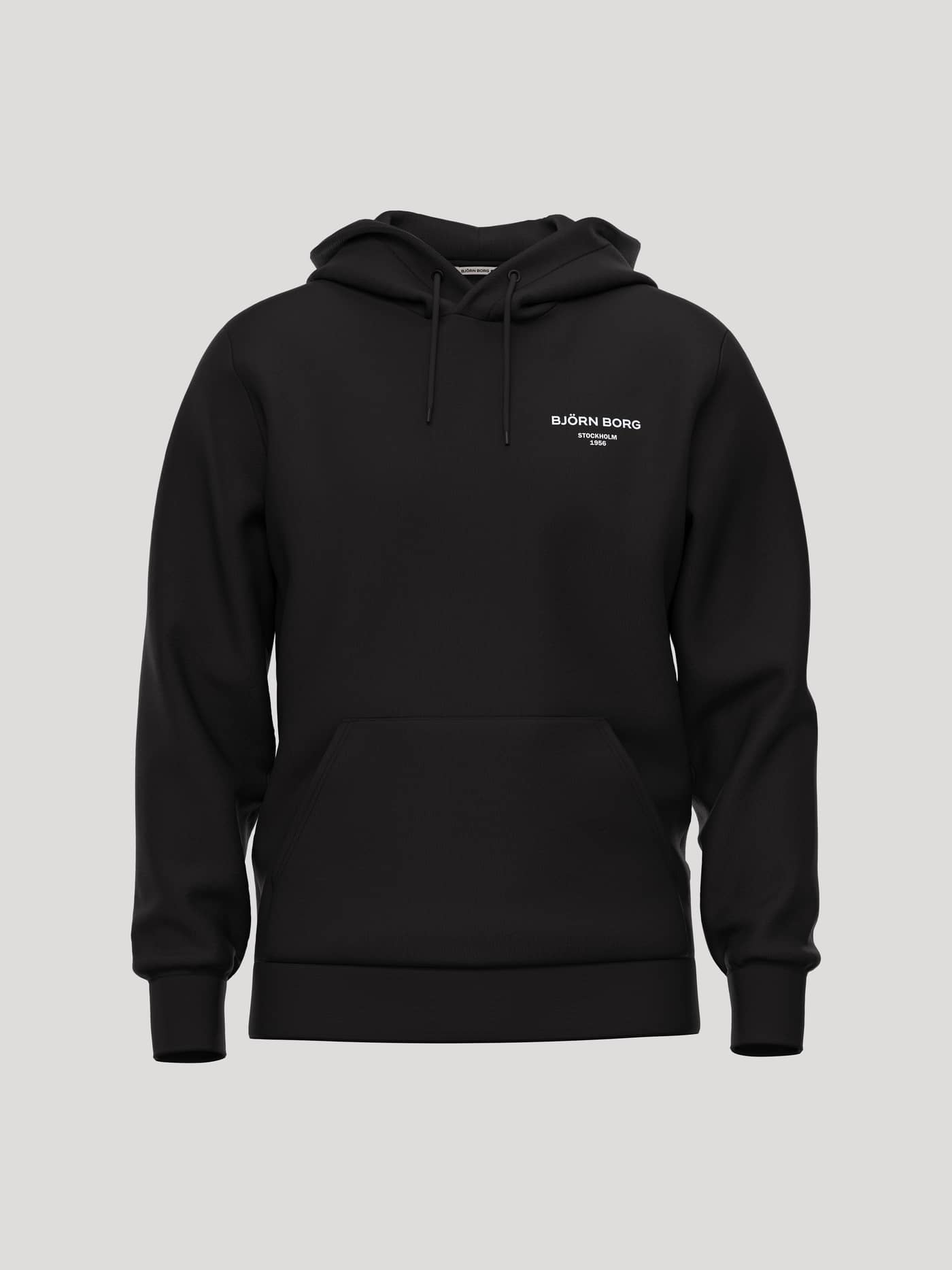 Borg Essential 1 Hoodie in Black Beauty (Black) featuring a kangaroo pocket and a white chest logo. - Image 1