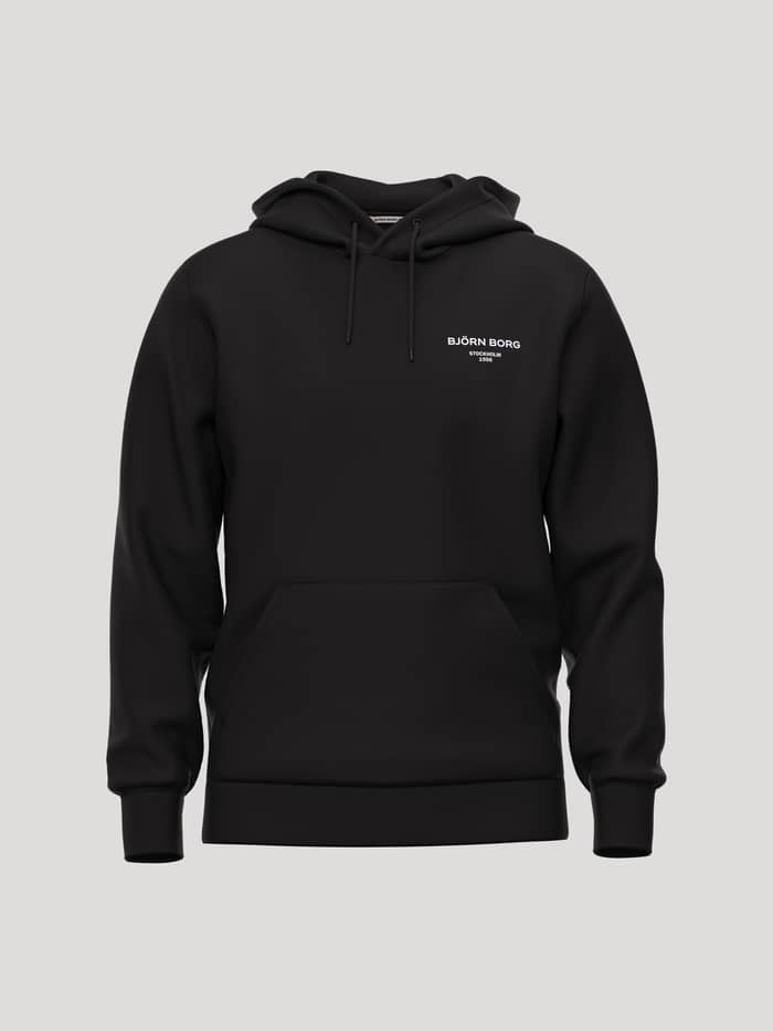 Borg Essential 1 Hoodie in Black Beauty (Black) featuring a kangaroo pocket and a white chest logo.