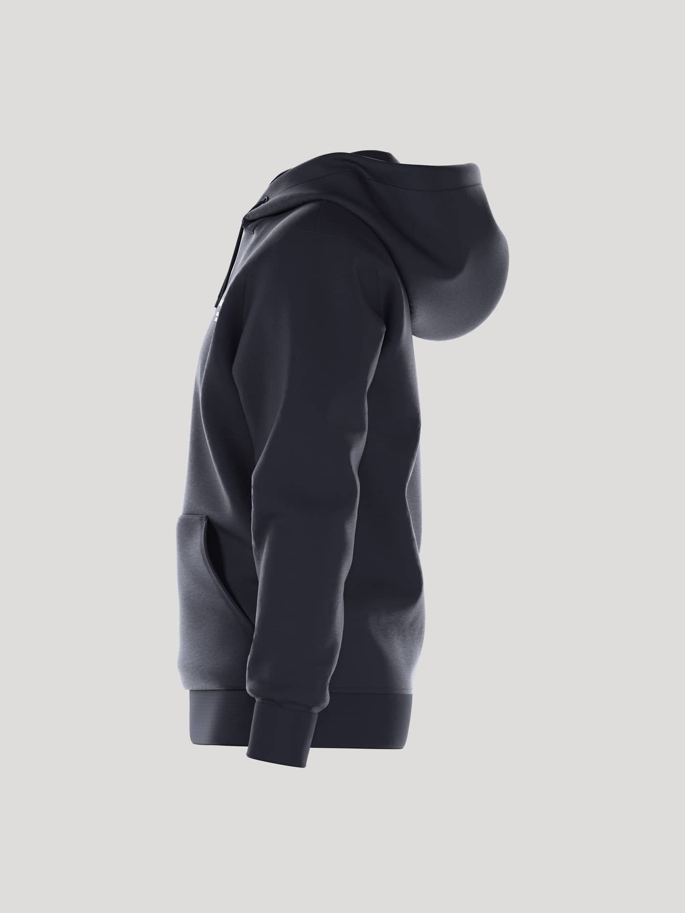Side profile of the men's Borg Essential 1 Hoodie in Night sky (Navy), featuring a white logo and a kangaroo pocket. - Image 4
