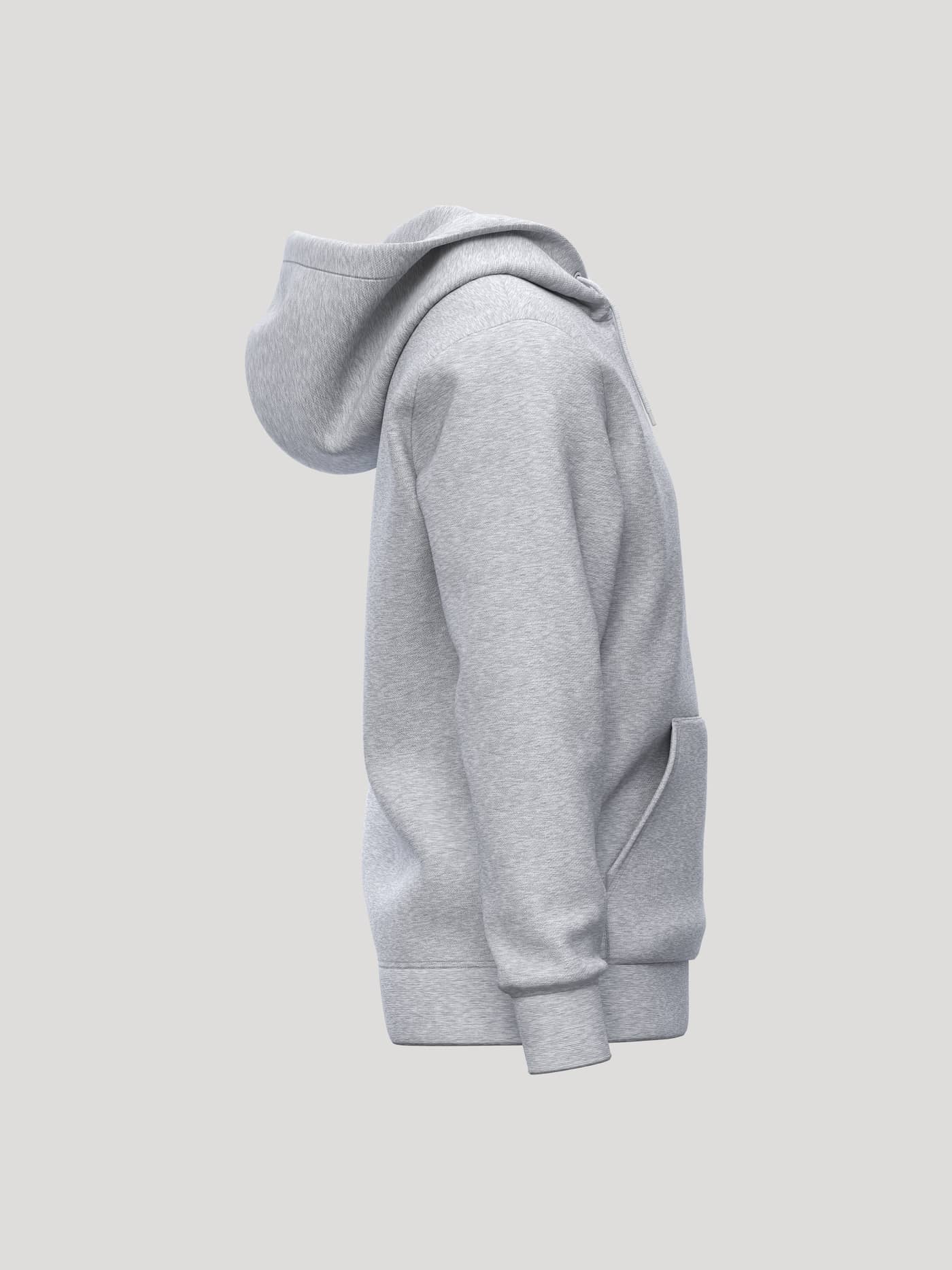 Side profile of the Borg Essential 1 Hoodie in Light Grey Melange (Grey) featuring a kangaroo pocket and ribbed cuffs. - Image 4