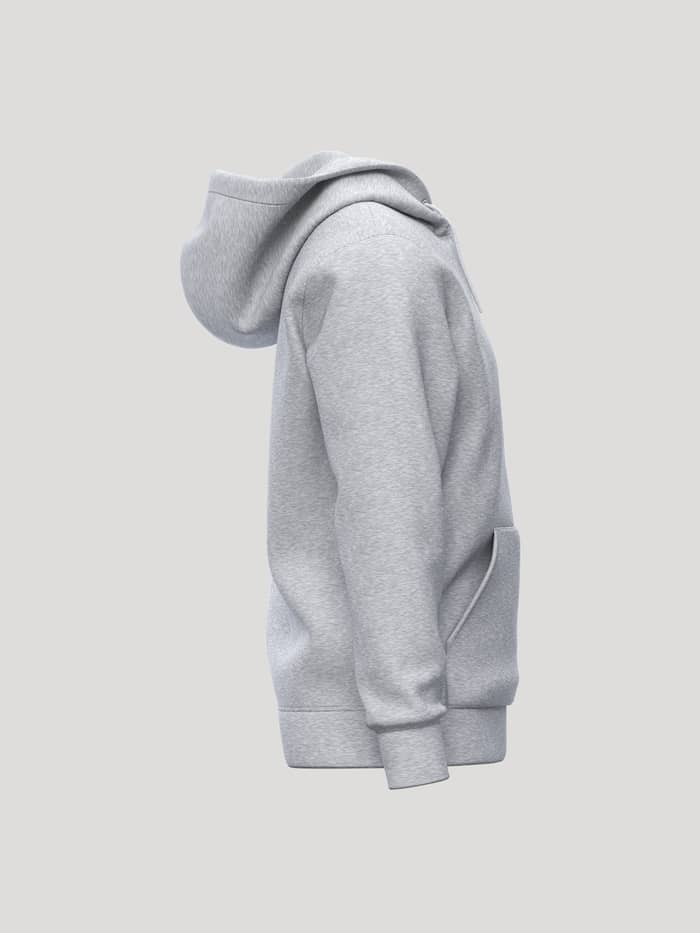 Side profile of the Borg Essential 1 Hoodie in Light Grey Melange (Grey) featuring a kangaroo pocket and ribbed cuffs. - Image 4