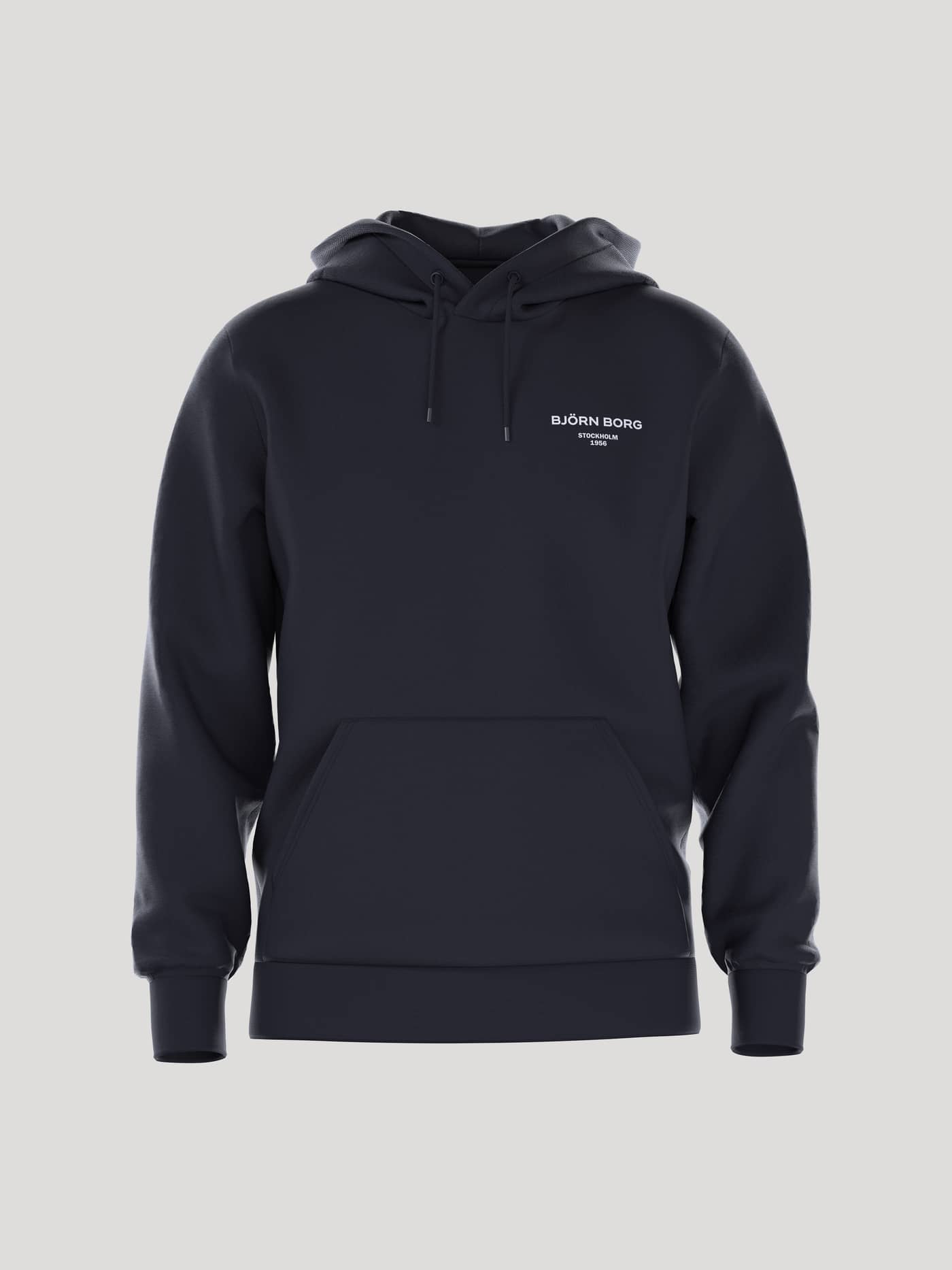 Front view of the Borg Essential 1 Hoodie in Night Sky (Navy) featuring a white logo and functional kangaroo pocket. - Image 1