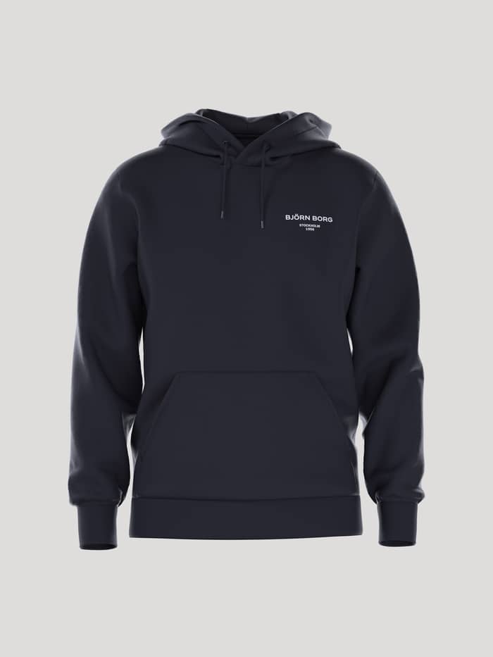 Borg Essential 1 Hoodie i Night Sky (Marineblå) set forfra med hvidt logo og en praktisk kængurulomme.