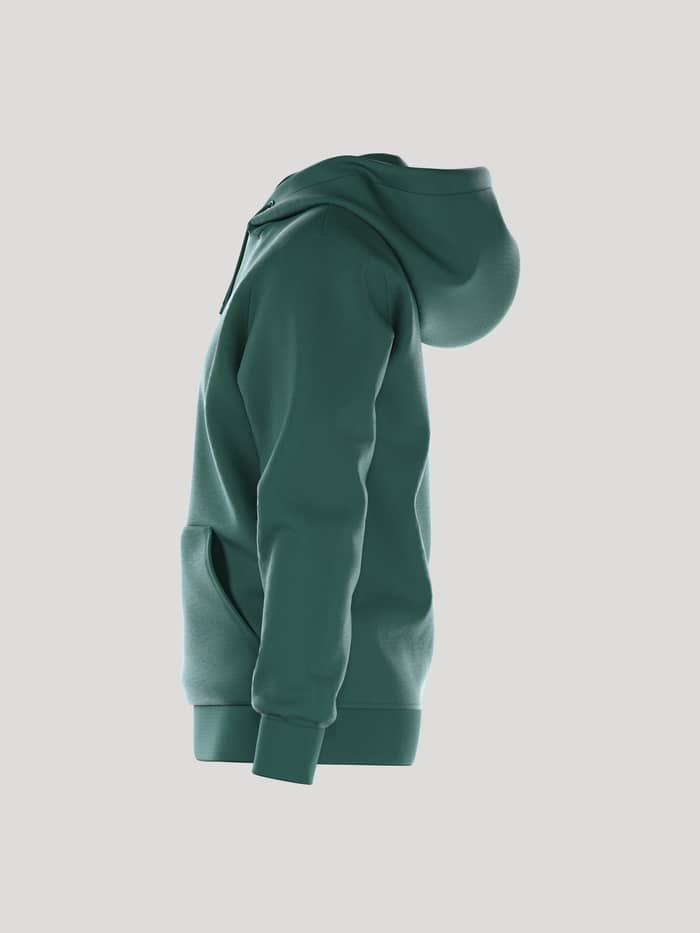 Zijaanzicht van de Borg Essential 1 Hoodie in Posy Green (Groen) met een kangoeroezak en dubbellaagse capuchon. - Image 4