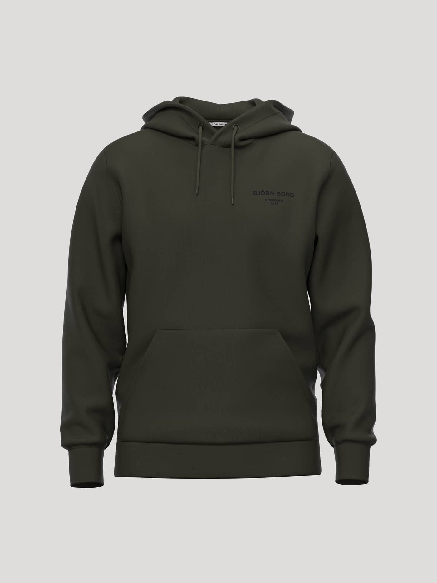 Borg Essential 1 Hoodie in Rosin (Green) featuring a black logo, kangaroo pocket, and adjustable drawstring hood. - Image 1