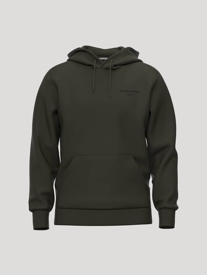 Borg Essential 1 Hoodie in Rosin (Green) featuring a black logo, kangaroo pocket, and adjustable drawstring hood.