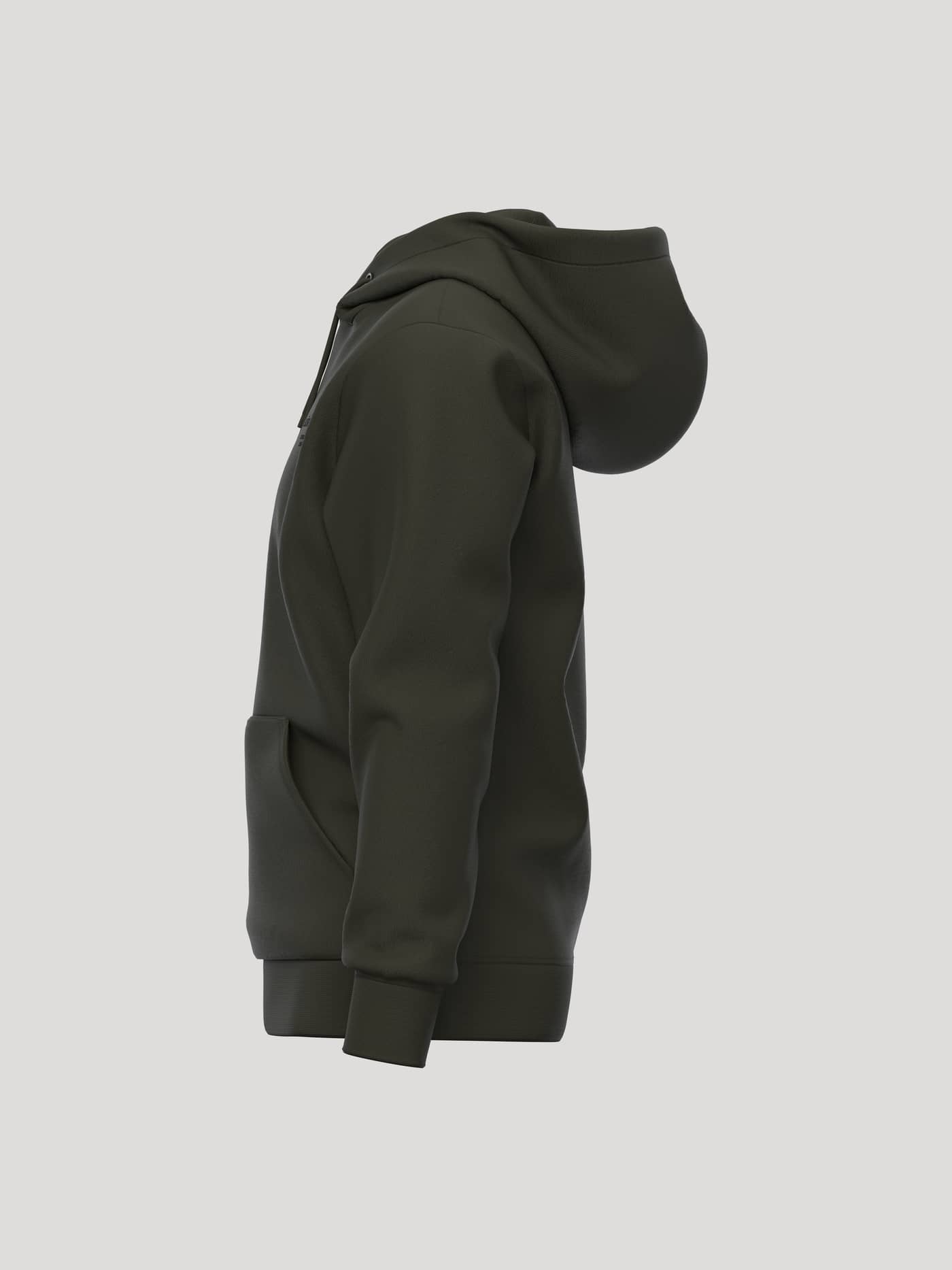 Side view of the Borg Essential 1 Hoodie in Rosin (Green) featuring a kangaroo pocket and ribbed cuffs. - Image 3