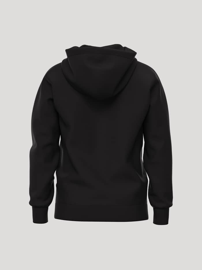 Back view of the Borg Essential 1 Hoodie in Black Beauty (Black) with a double-layer hood and ribbed cuffs for comfort. - Image 2