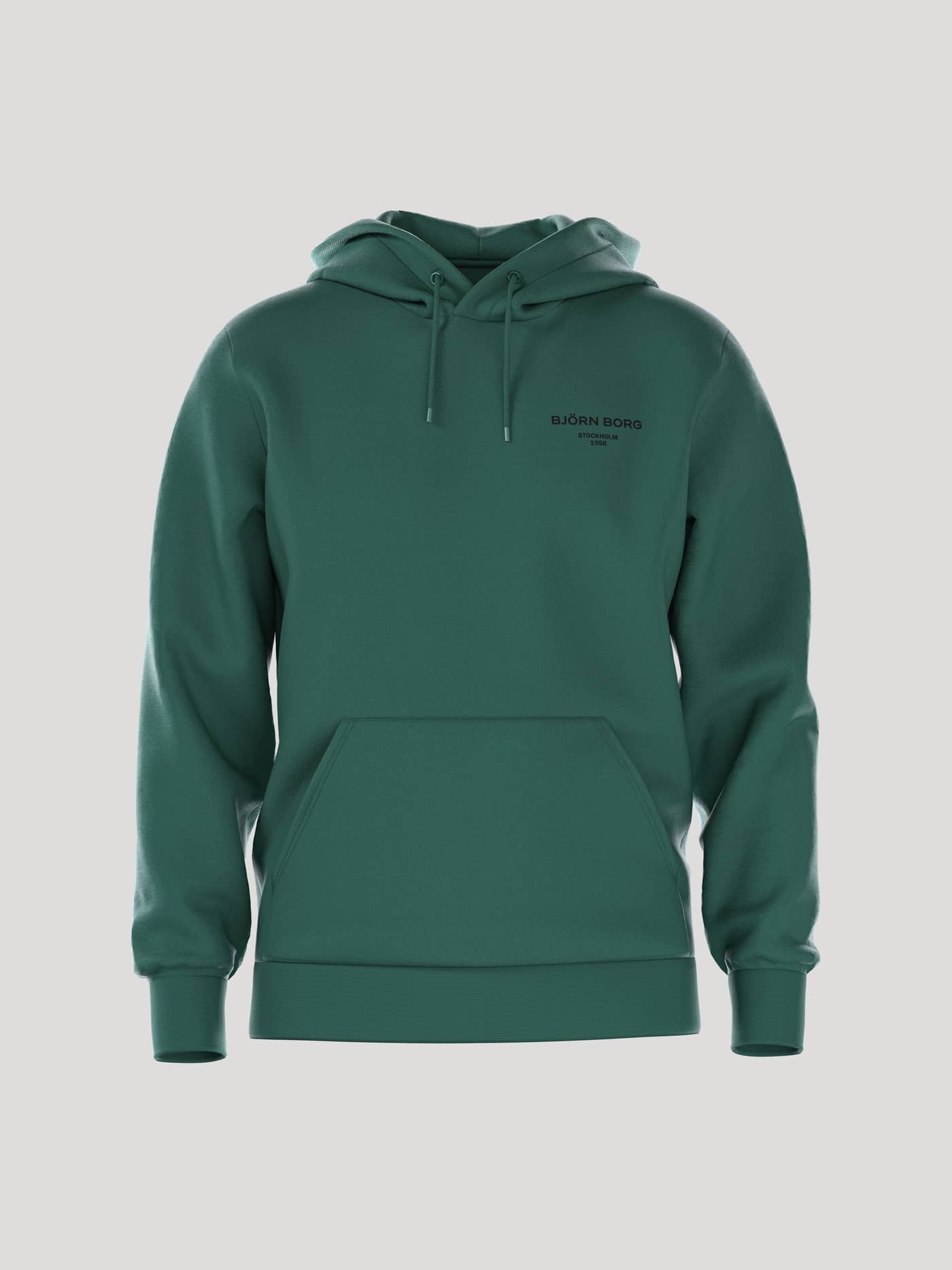 Front view of the men's regular fit Borg Essential 1 Hoodie in Posy Green (Green) with a black logo and kangaroo pocket. - Image 1