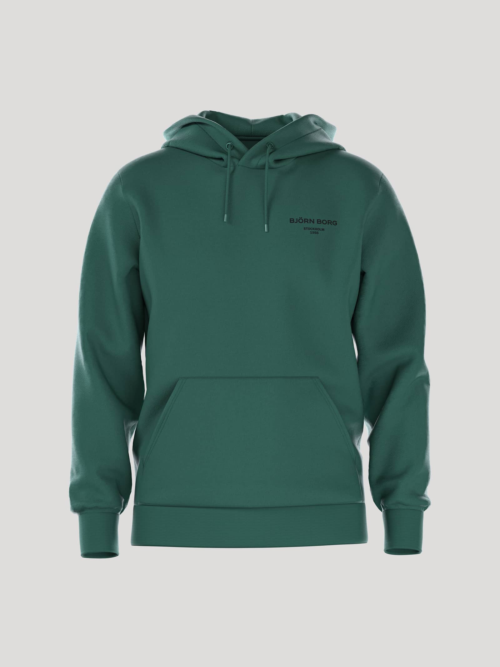 Front view of the men's regular fit Borg Essential 1 Hoodie in Posy Green (Green) with a black logo and kangaroo pocket. - Image 1