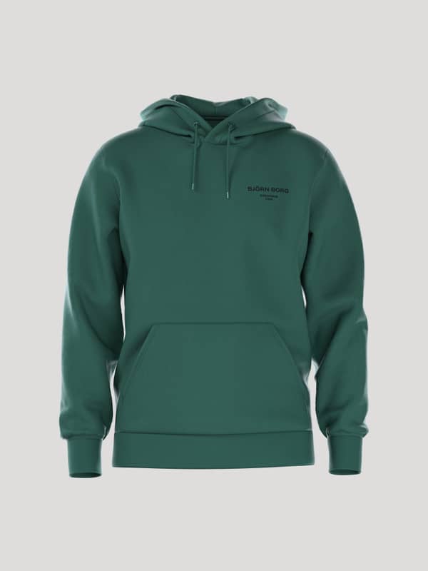 Front view of the men's regular fit Borg Essential 1 Hoodie in Posy Green (Green) with a black logo and kangaroo pocket.