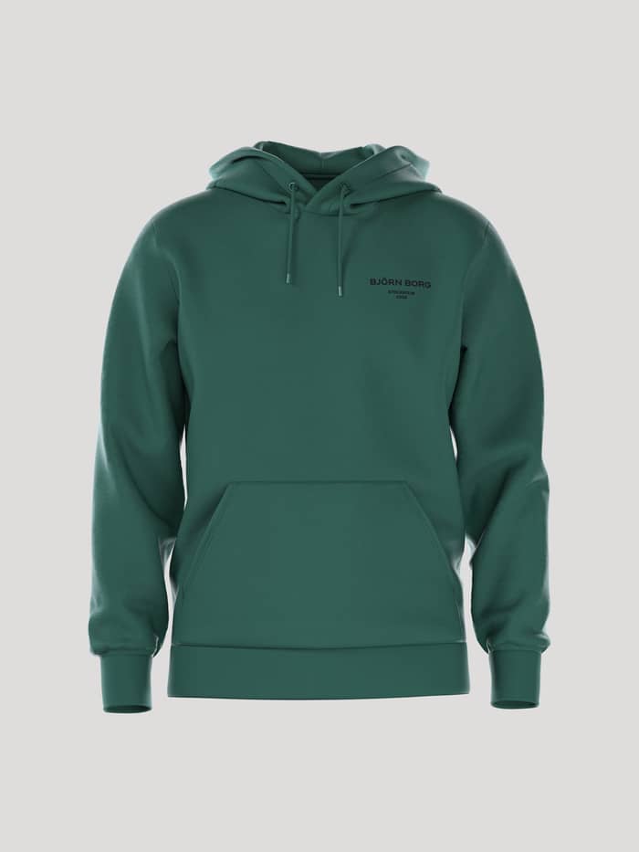 Vooraanzicht van de Borg Essential 1 Hoodie in Posy Green (Groen) met zwart logo en functionele kangoeroezak.