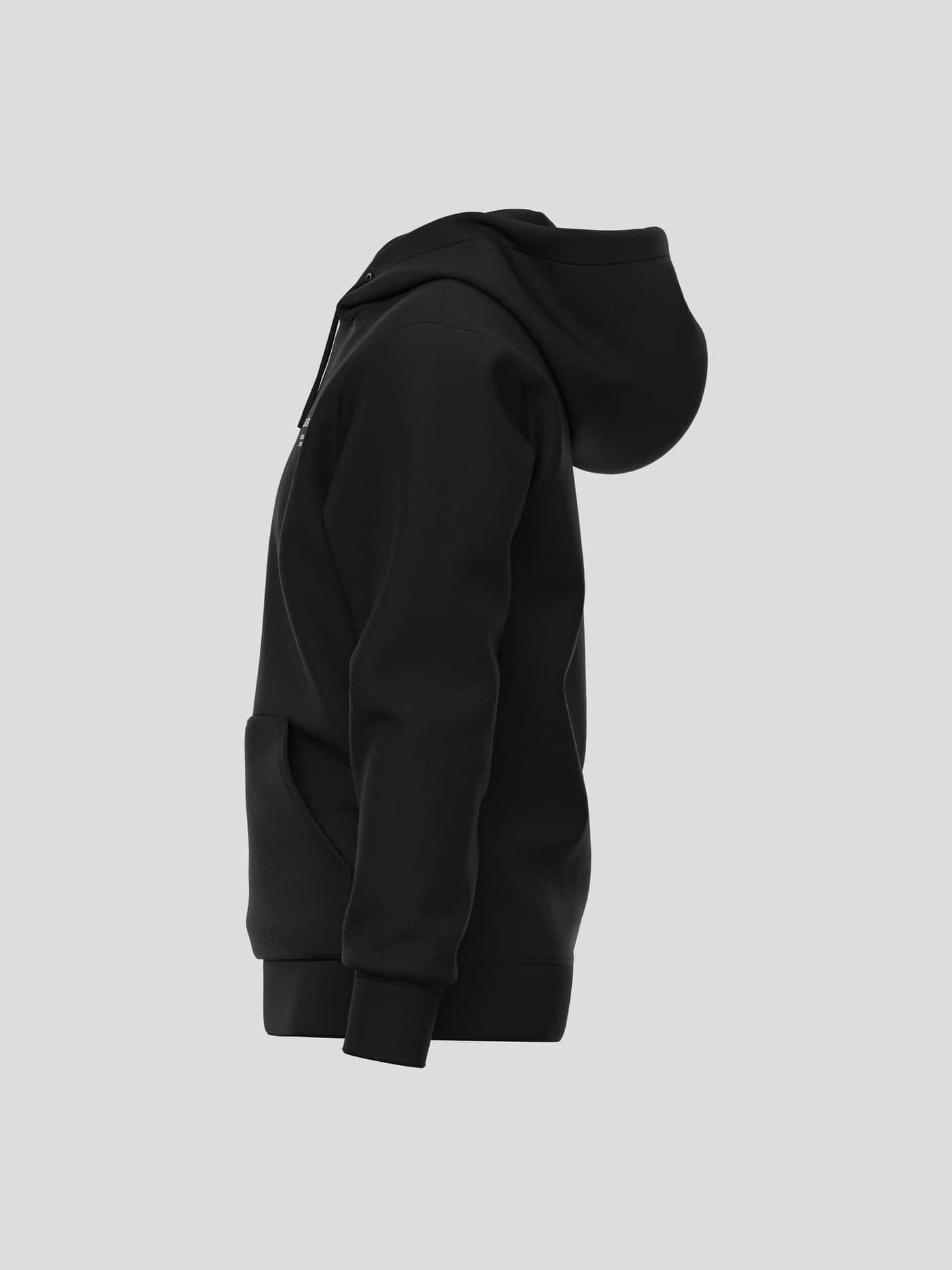 Side profile of the Borg Essential 1 Hoodie in Black Beauty (Black) with a kangaroo pocket and ribbed details. - Image 3