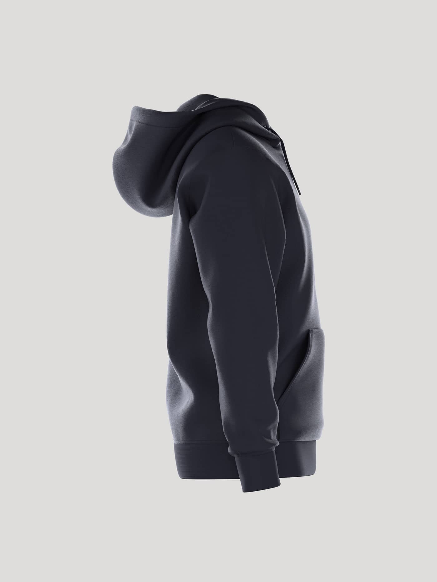 Side profile of the Borg Essential 1 Hoodie in Night sky (Navy), showcasing its regular fit and functional kangaroo pocket. - Image 2