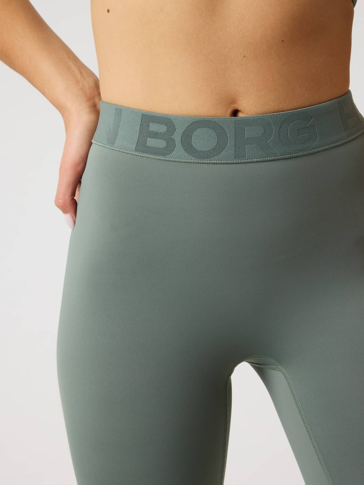 Detailed close-up of the branded elastic waistband on the Agave Green (Green) Borg Tights for women's training. - Image 6