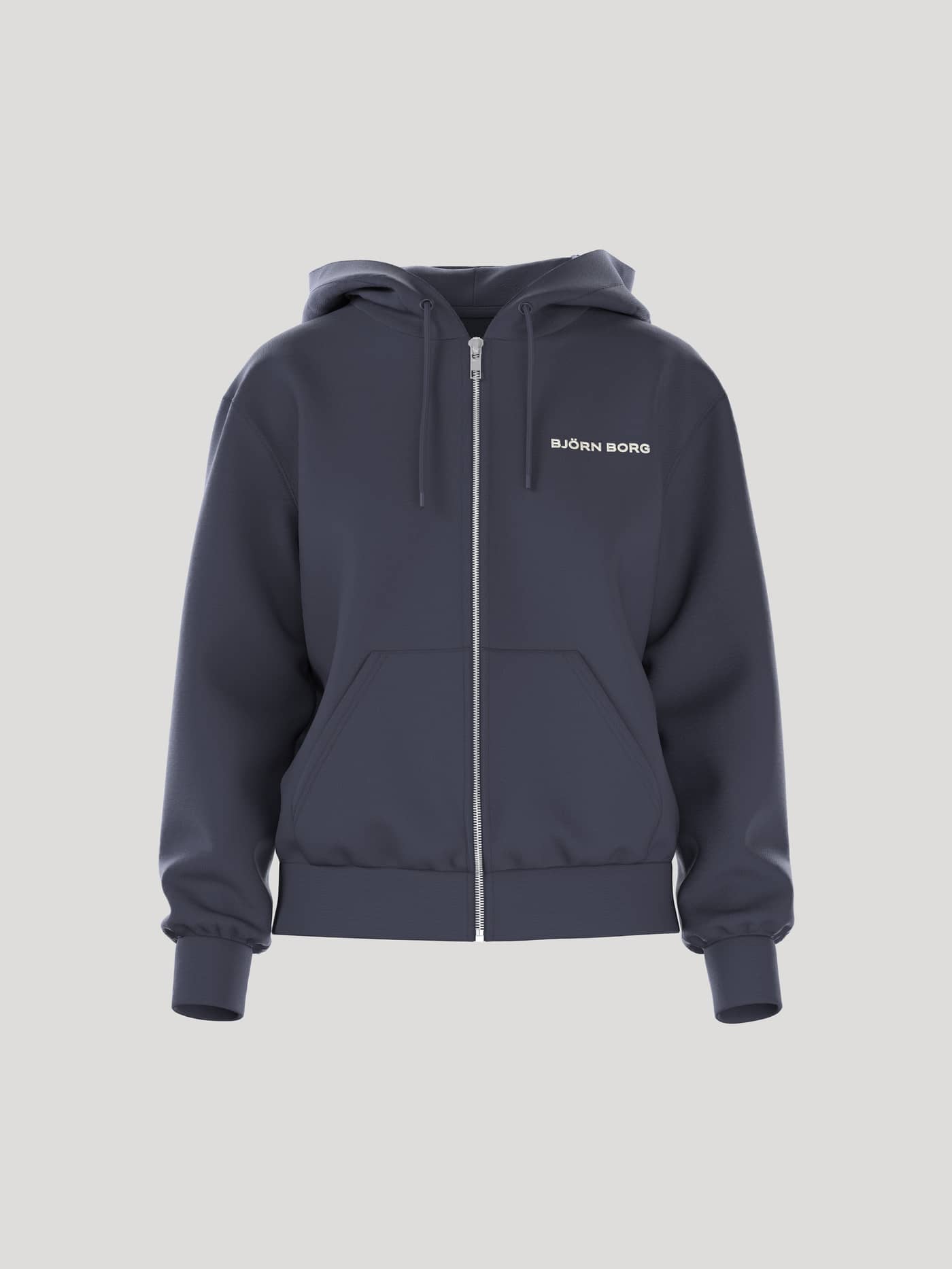 Front view of the Borg Essential 4 Zip Hoodie in Odyssey Gray (Navy), a soft french terry style with a white logo. - Image 1