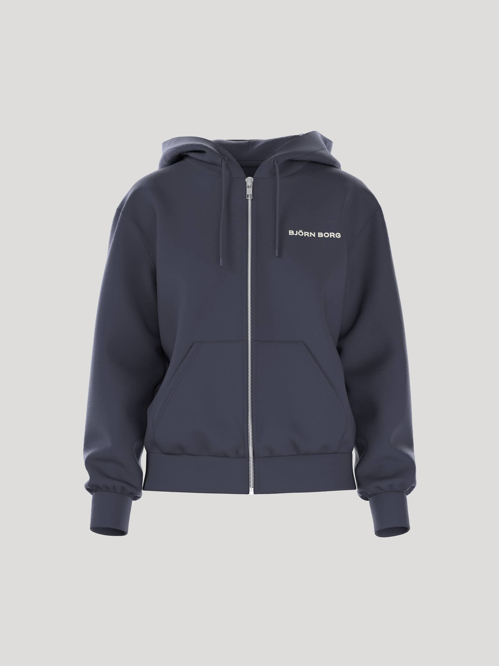 Borg Essential 4 Zip Hoodie i Odyssey Gray (Marineblå) set forfra i blødt french terry med et hvidt logo. - Image 1