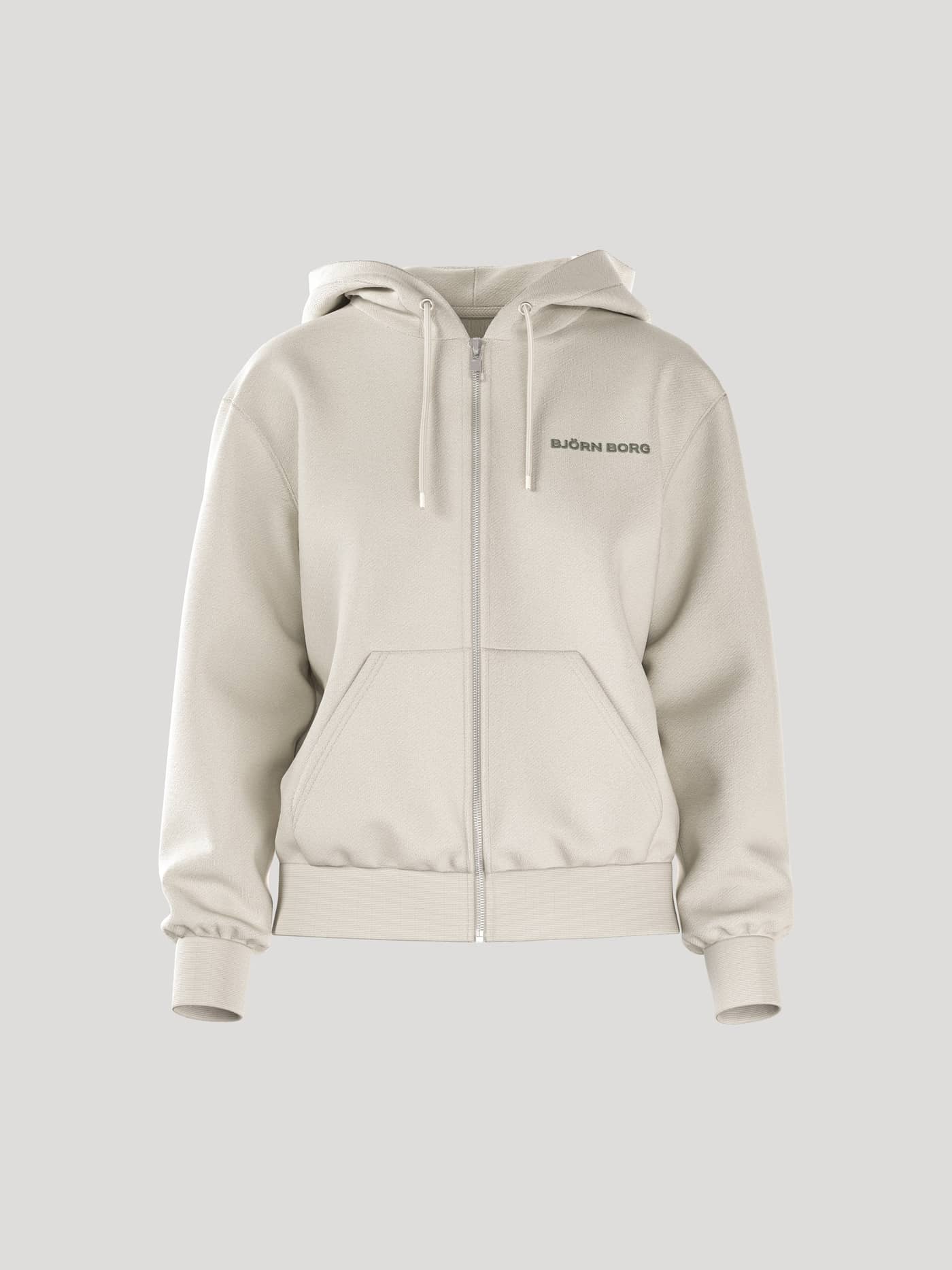Front view of the women's Borg Essential 4 Zip Hoodie in Tofu (White) with a regular fit, dark logo and soft french terry. - Image 1
