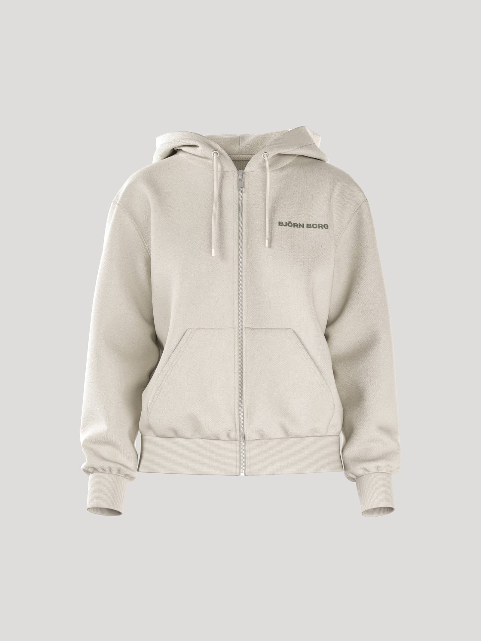 Borg Essential 4 Zip Hoodie i Tofu (Hvid) set forfra med regular fit, mørkt logo og blødt french terry. - Image 1