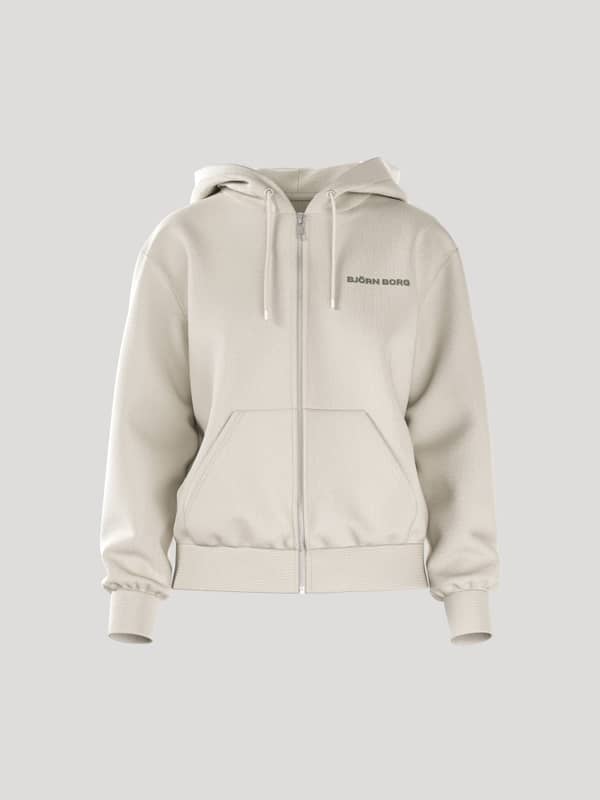 Front view of the women's Borg Essential 4 Zip Hoodie in Tofu (White) with a regular fit, dark logo and soft french terry.