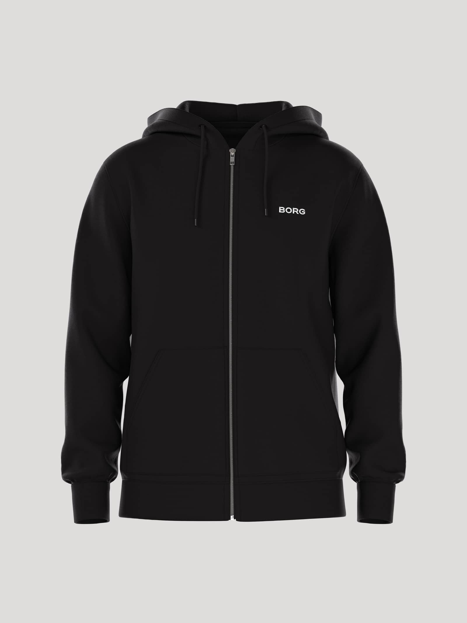 Vorderansicht des Borg Essential 4 Zip Hoodie in Black Beauty (Schwarz) mit weißem Logo und durchgehendem Reißverschluss. - Image 1