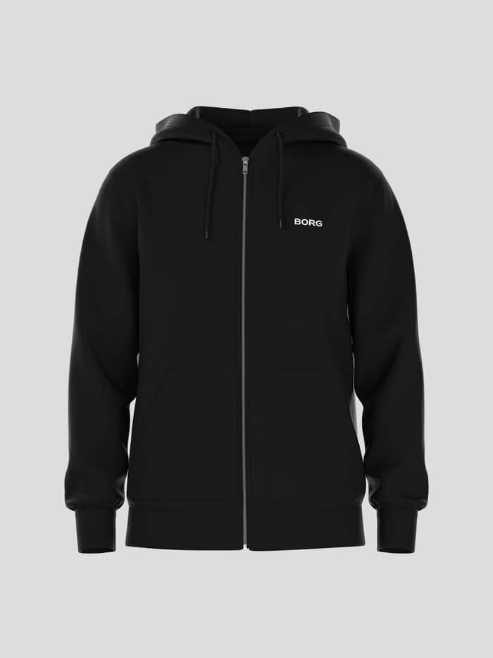 Vue de face du Borg Essential 4 Zip Hoodie en Black Beauty (Noir) avec logo blanc et zip intégral fonctionnel.