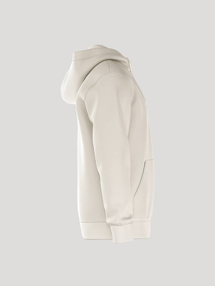 Side view of the Borg Essential 4 Zip Hoodie in Tofu (White) showcasing a clean regular fit and functional side pockets.