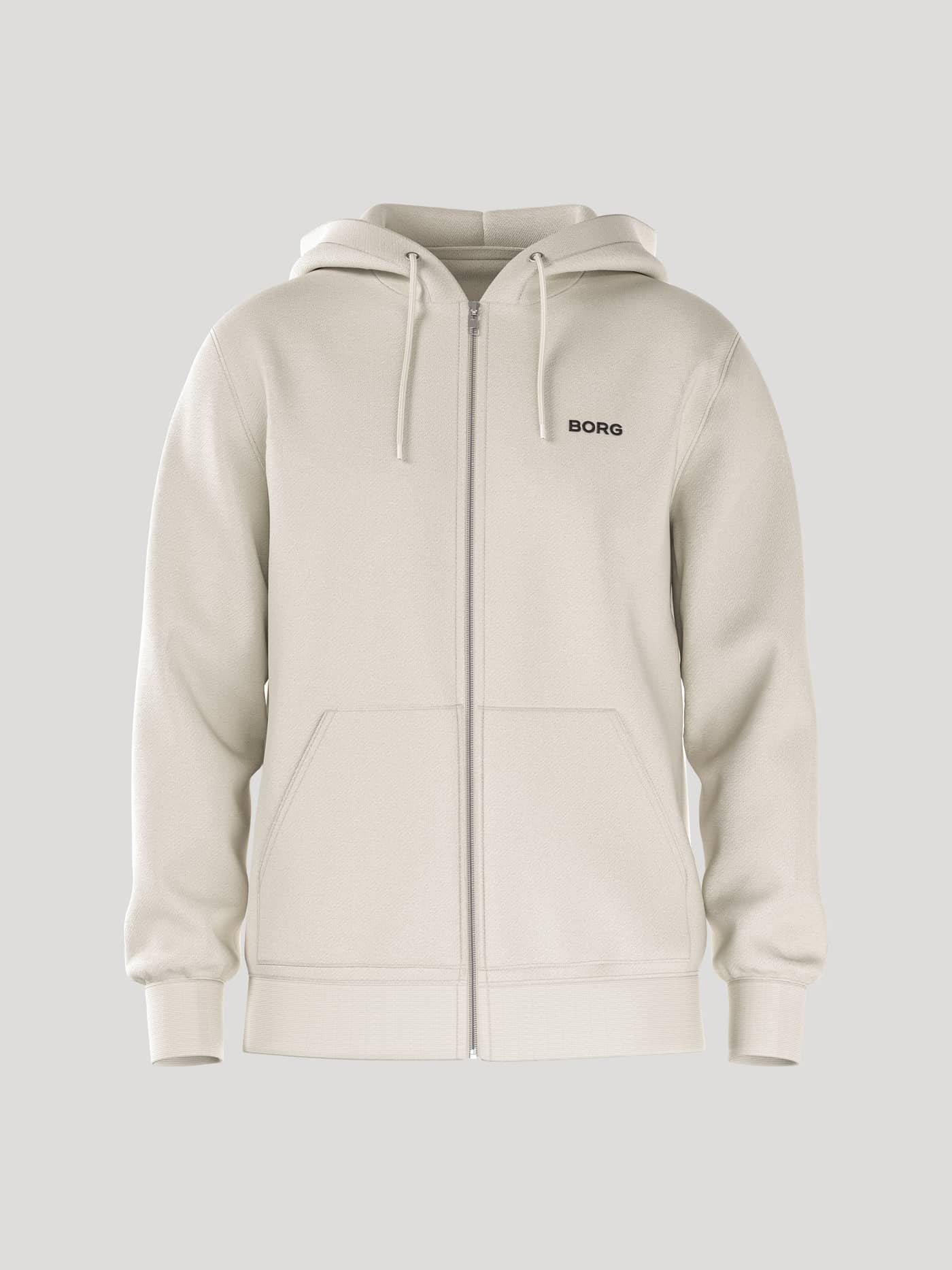 Front view of the men's Borg Essential 4 Zip Hoodie in Tofu (White) in a regular fit with a small black chest logo. - Image 1