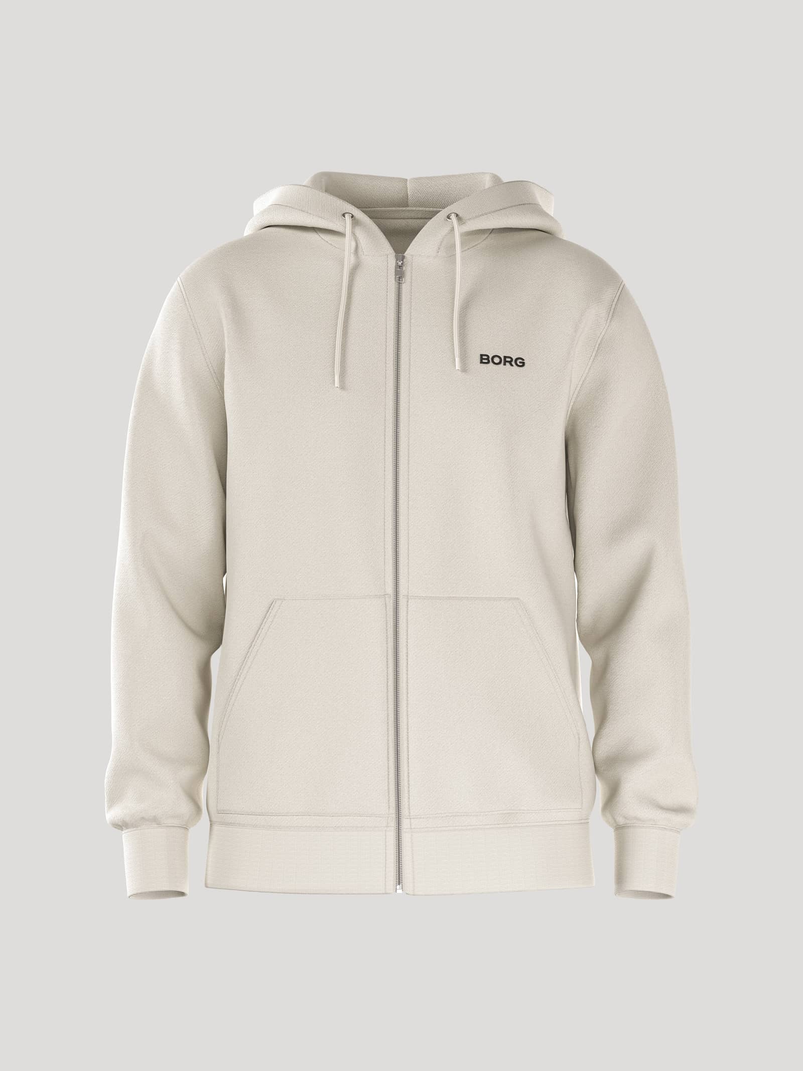 Vorderansicht des Borg Essential 4 Zip Hoodie für Herren in Tofu (Weiß) mit regulärer Passform und schwarzem Logo. - Image 1