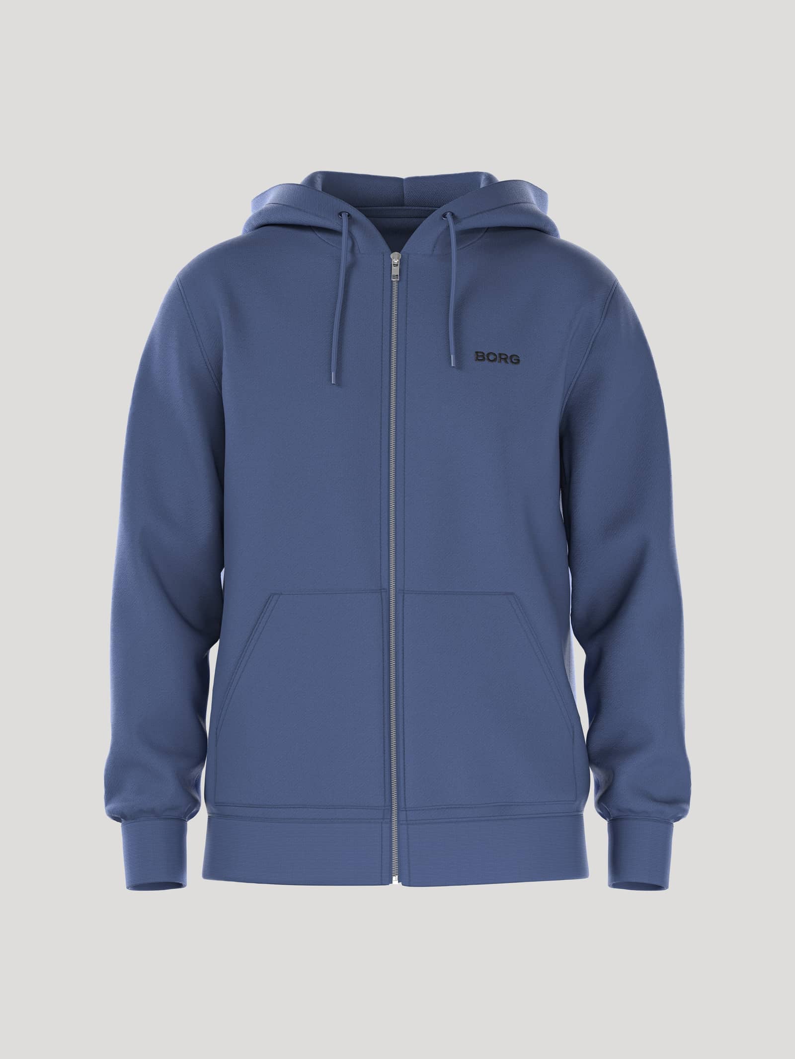 Vorderansicht des Borg Essential 4 Zip Hoodie für Herren in Coastal Fjord (Blau) mit french terry und schwarzem Logo. - Image 1