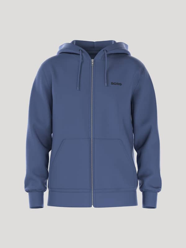 Front view of the men's Borg Essential 4 Zip Hoodie in Coastal Fjord (Blue) featuring a black logo and French terry.