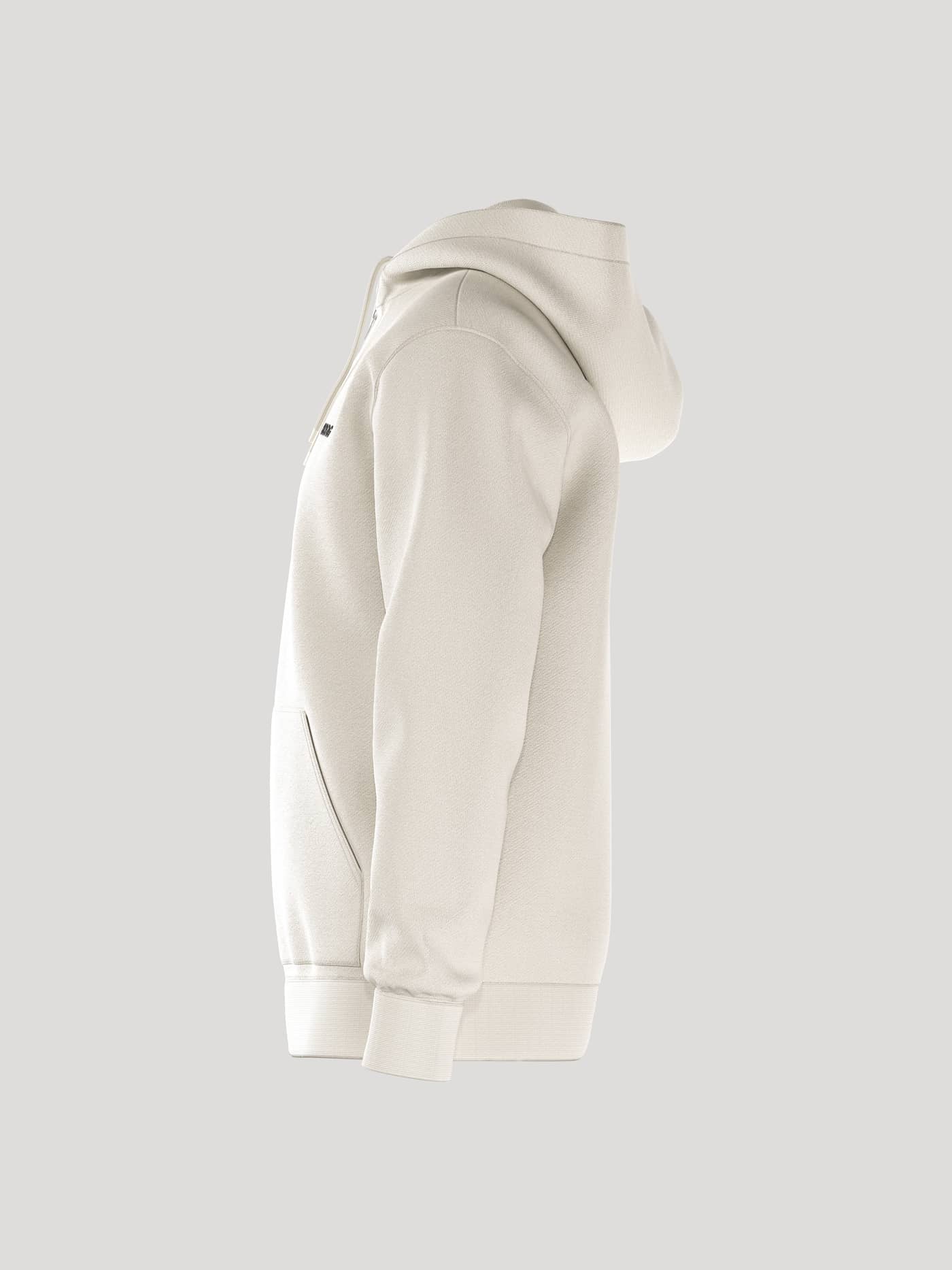 Side view of the Tofu (White) Borg Essential 4 Zip Hoodie for men featuring a black chest logo and ribbed cuffs. - Image 4