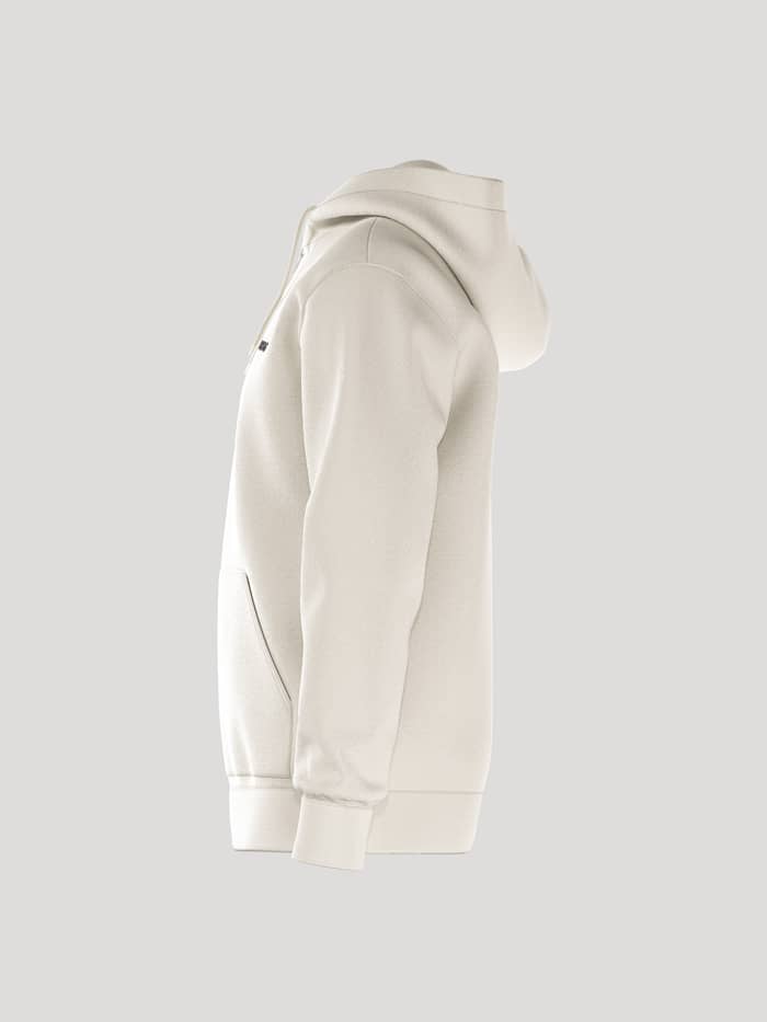 Side view of the Tofu (White) Borg Essential 4 Zip Hoodie for men featuring a black chest logo and ribbed cuffs.