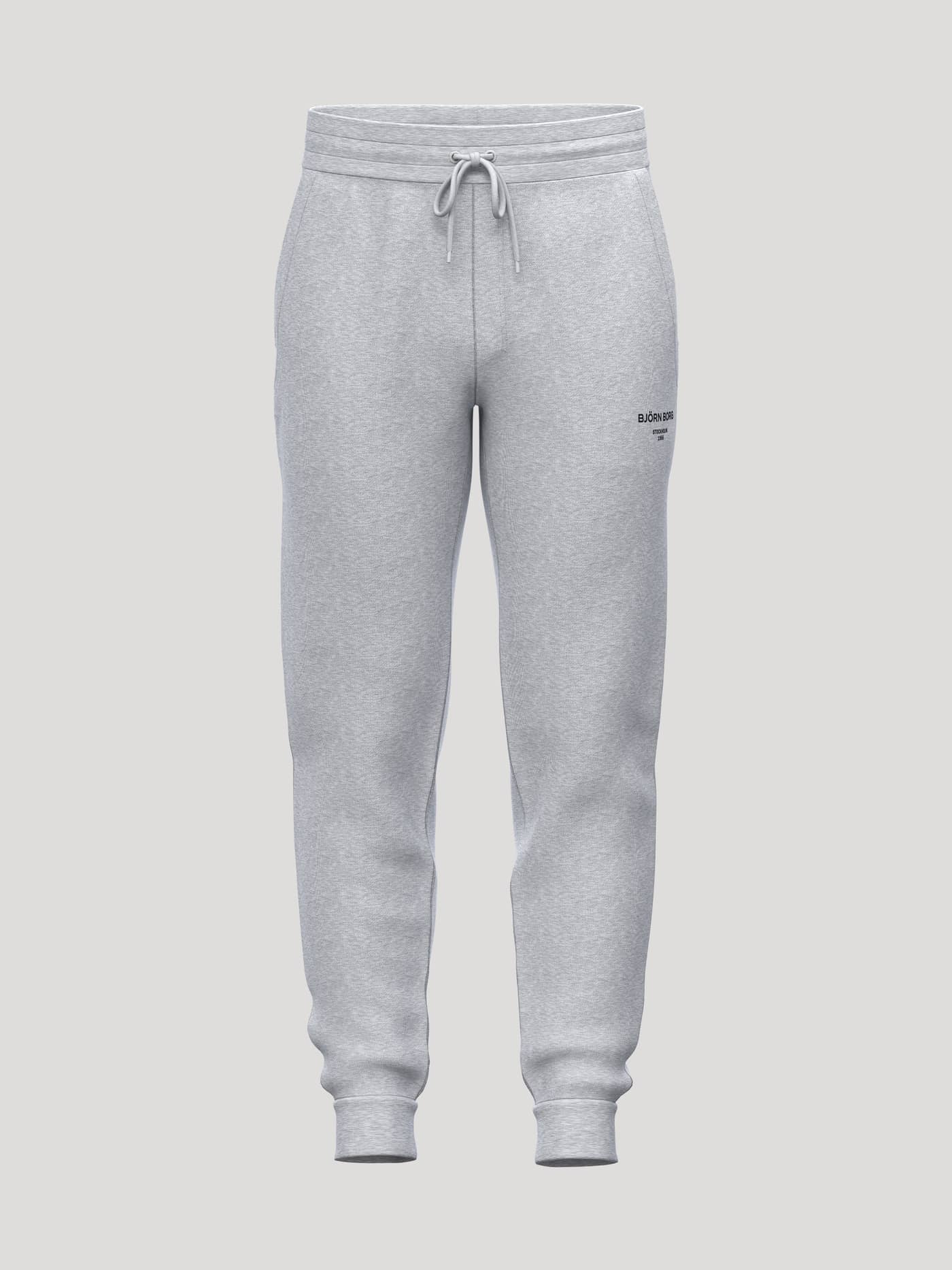 Vue de face du Borg Essential 1 Tapered Sweatpants Light Grey Melange (Gris) avec logo noir pour le tennis et les loisirs. - Image 1