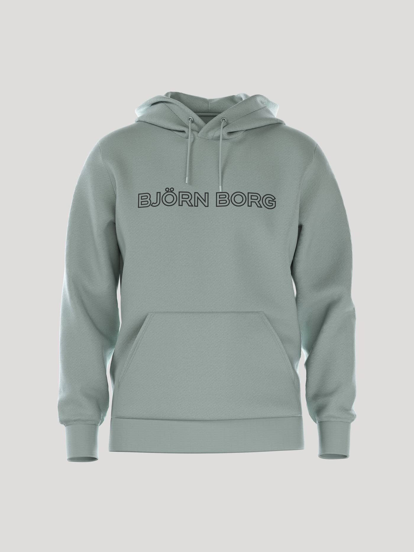 Front view of the men's Borg Essential 3 Hoodie in Slate Gray (Green) with a functional kangaroo pocket and black logo. - Image 1