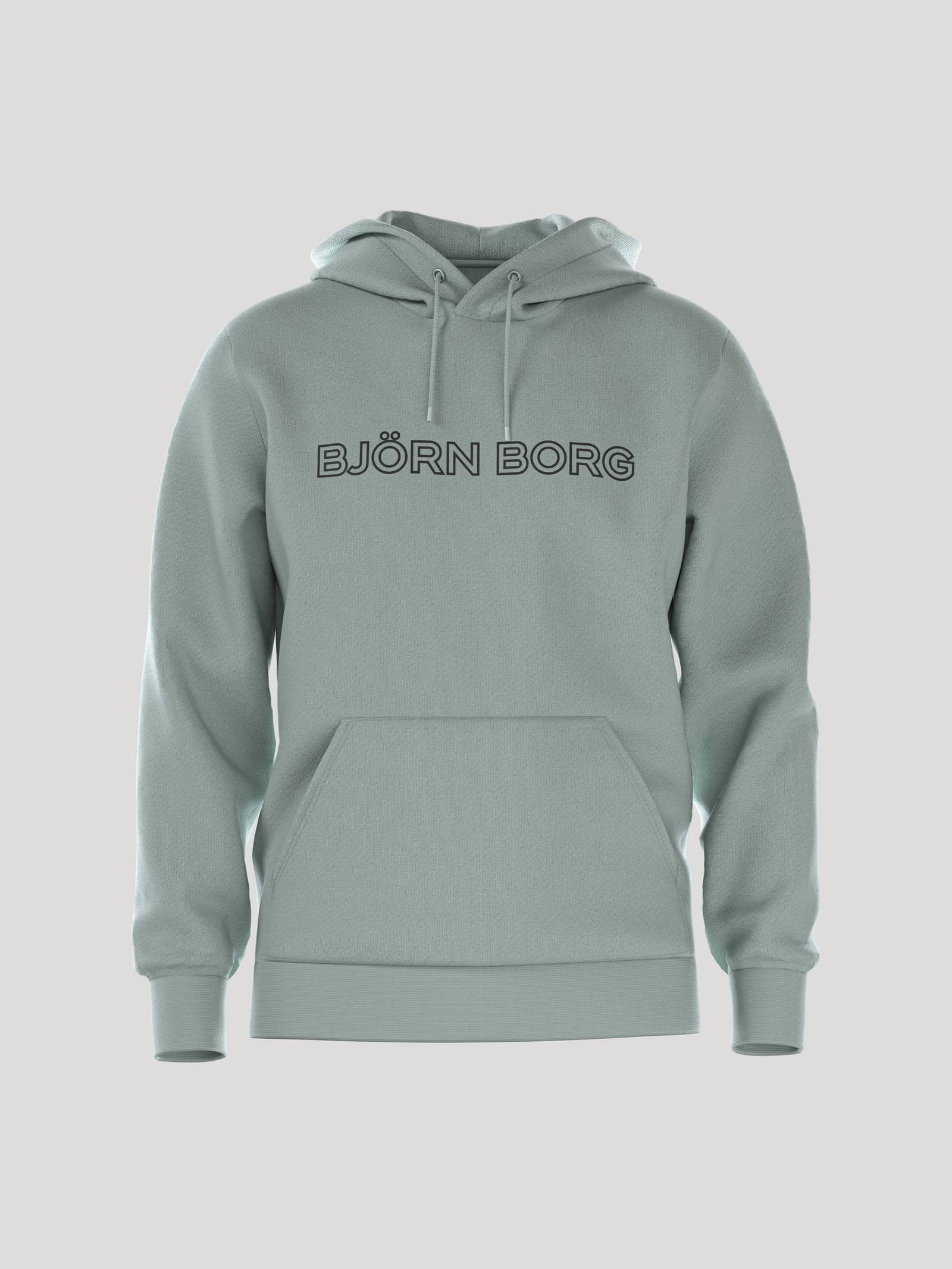 Front view of the men's Borg Essential 3 Hoodie in Slate Gray (Green) with a functional kangaroo pocket and black logo. - Image 1