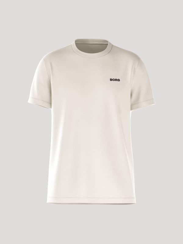 Front view of the men's Borg Essential 4 T-Shirt in Tofu (White), featuring a regular fit and clean chest logo.