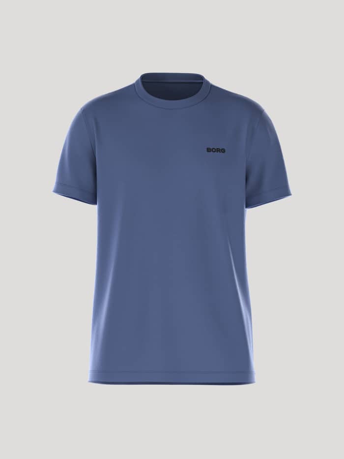 Front view of the regular fit Borg Essential 4 T-Shirt in Coastal Fjord (Blue), a 100% cotton tennis tee with a black logo.