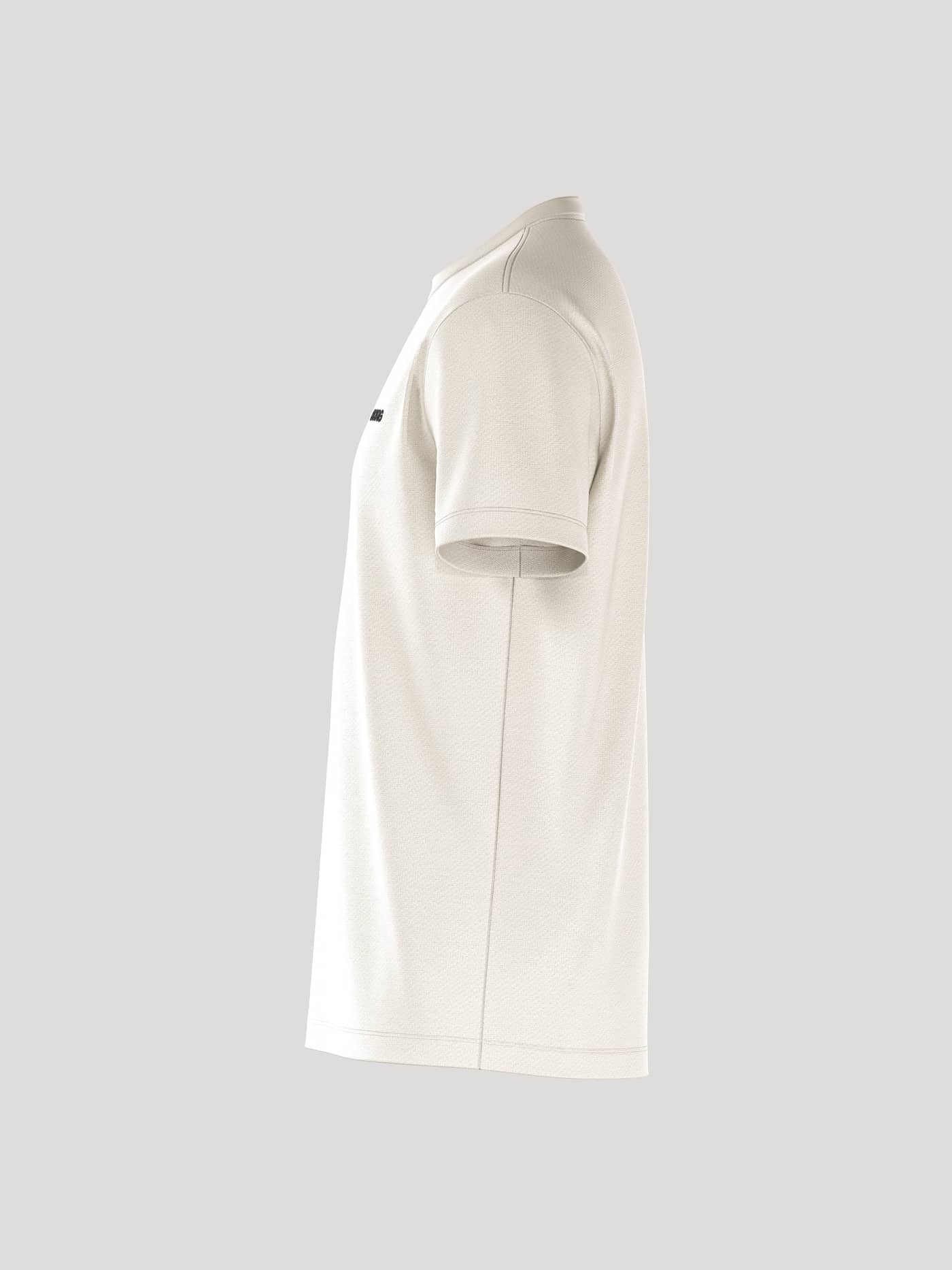 Side view of the men's Borg Essential 4 T-Shirt in Tofu (White), featuring a black chest logo and a regular 100% cotton fit. - Image 4