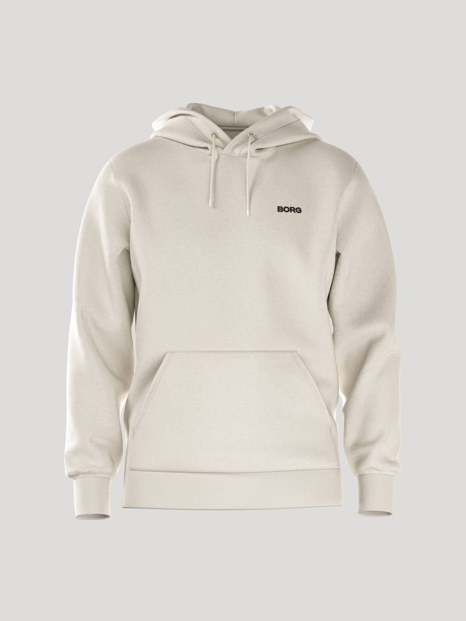 Front view of the French terry men's Borg Essential 4 Hoodie in Tofu (White) with a black logo and tennis details. - Image 1