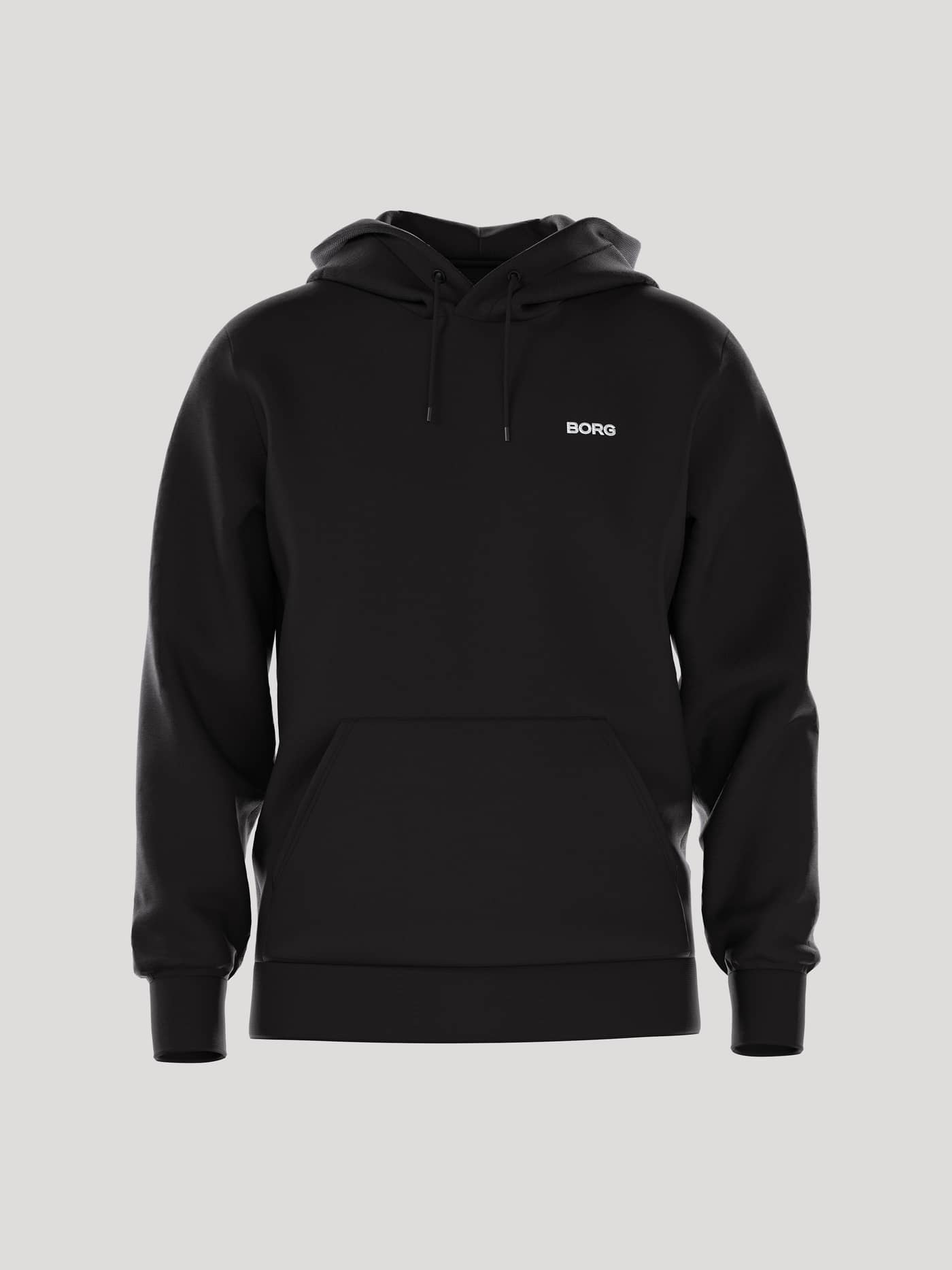 Front view of the men's Borg Essential 4 Hoodie in Black Beauty (Black), featuring soft French terry and a white chest logo. - Image 1