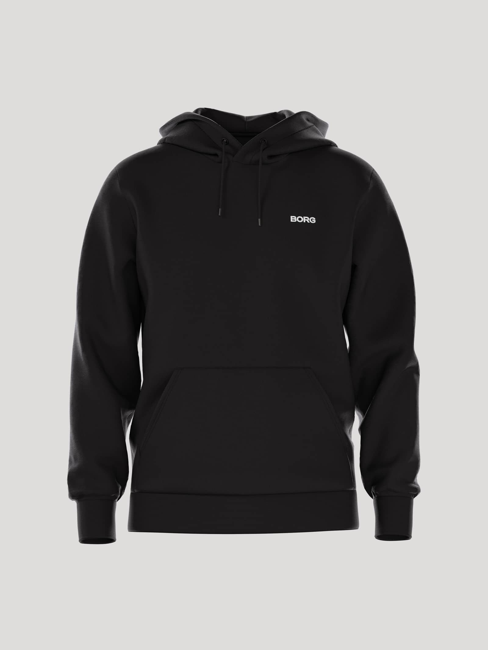 Front view of the men's Borg Essential 4 Hoodie in Black Beauty (Black), featuring soft French terry and a white chest logo. - Image 1