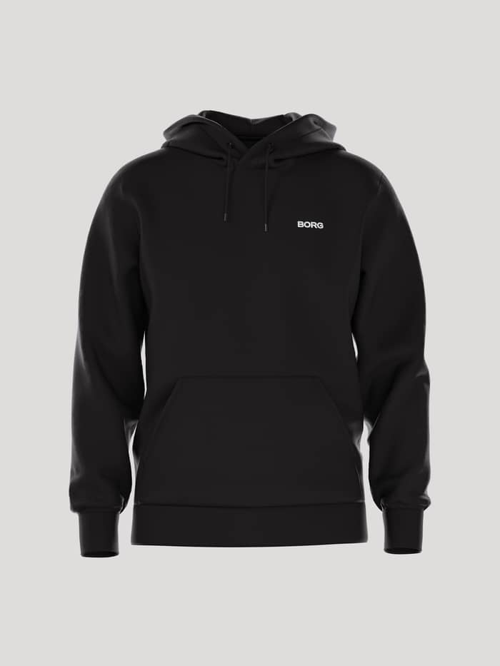 Front view of the men's Borg Essential 4 Hoodie in Black Beauty (Black), featuring soft French terry and a white chest logo.