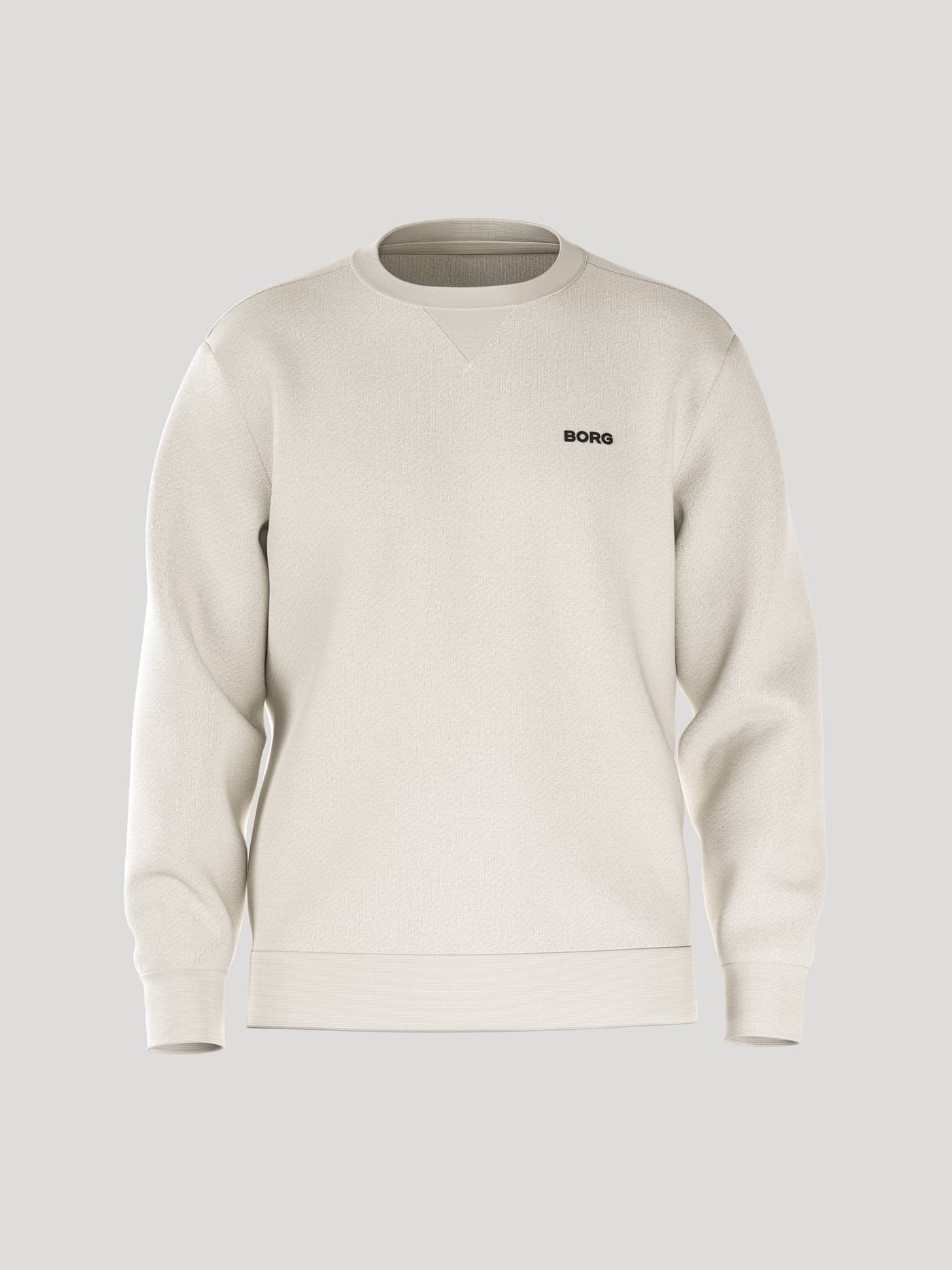 Borg Essential 4 Sweatshirt i Tofu (Vit) sedd framifrån med en svart logotyp på bröstet och ribbat V-infälle. - Image 1