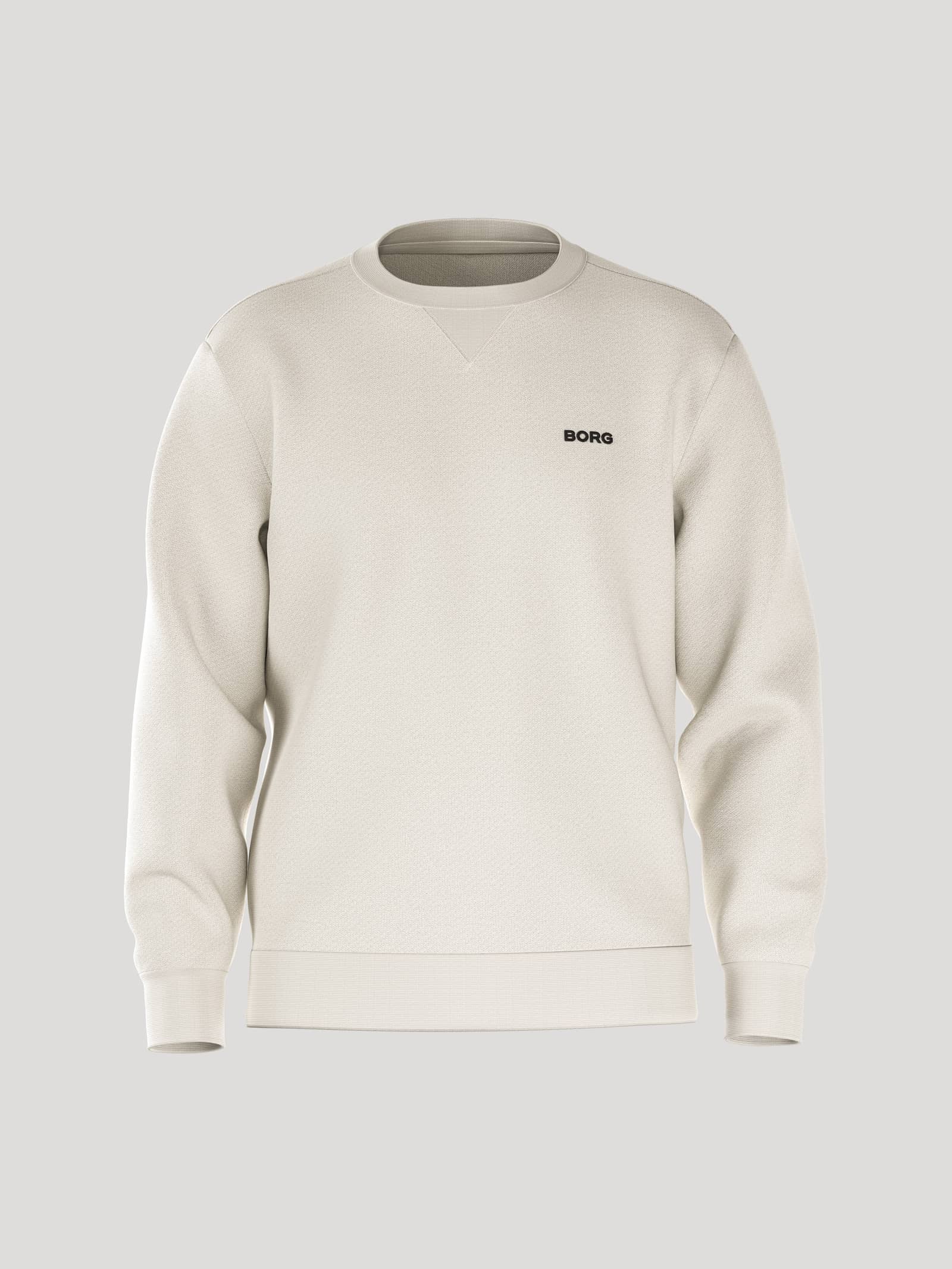 Borg Essential 4 Sweatshirt i Tofu (Vit) sedd framifrån med en svart logotyp på bröstet och ribbat V-infälle. - Image 1